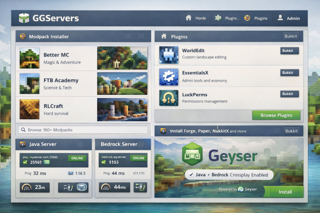 GGServers Minecraft hosting visual showing modpacks, plugin setup, Java and Bedrock compatibility, and performance-oriented server tools
