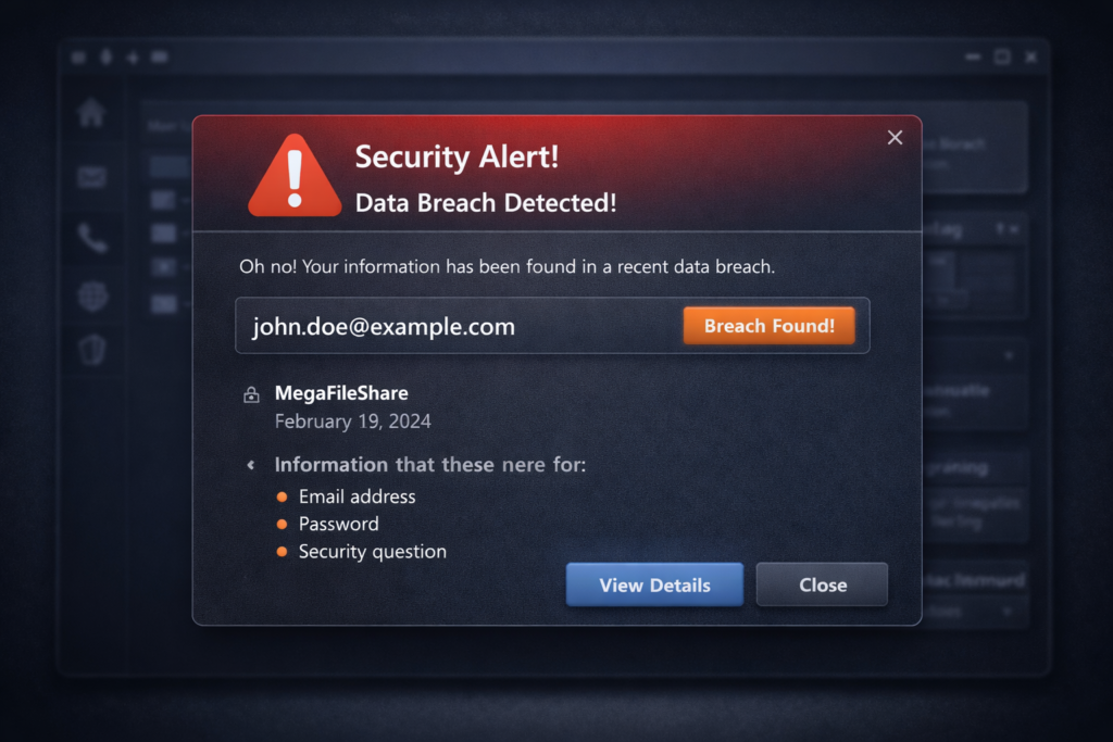 HackCheck breach alert notification for a monitored email account
