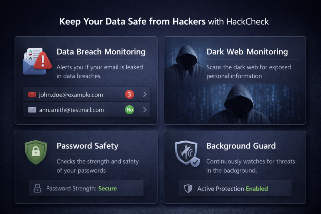 HackCheck features including email breach monitoring and dark web alerts
