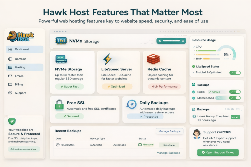 Hawk Host-inspired hosting performance interface with LiteSpeed, NVMe, Redis, Memcached, backups, SSL, and cPanel-style management