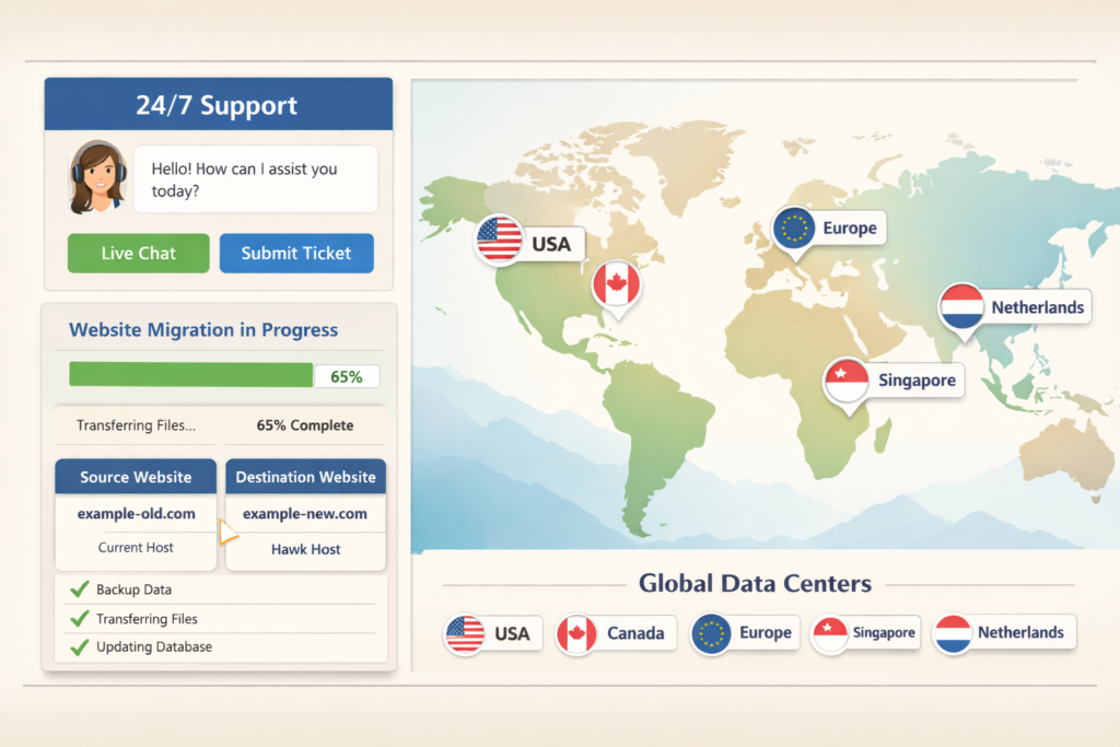 Hawk Host-inspired support and migration interface with global server locations, website transfer workflow, and 24/7 hosting assistance