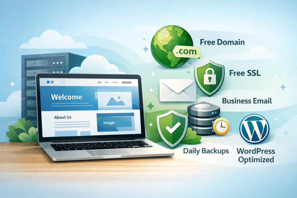 Hosterlo hosting overview with free domain SSL backups and WordPress setup
