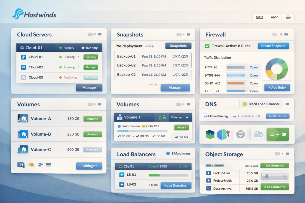 Hostwinds-inspired cloud control portal with snapshots, firewall management, volume storage, load balancers, DNS tools, and object storage in a modern UI