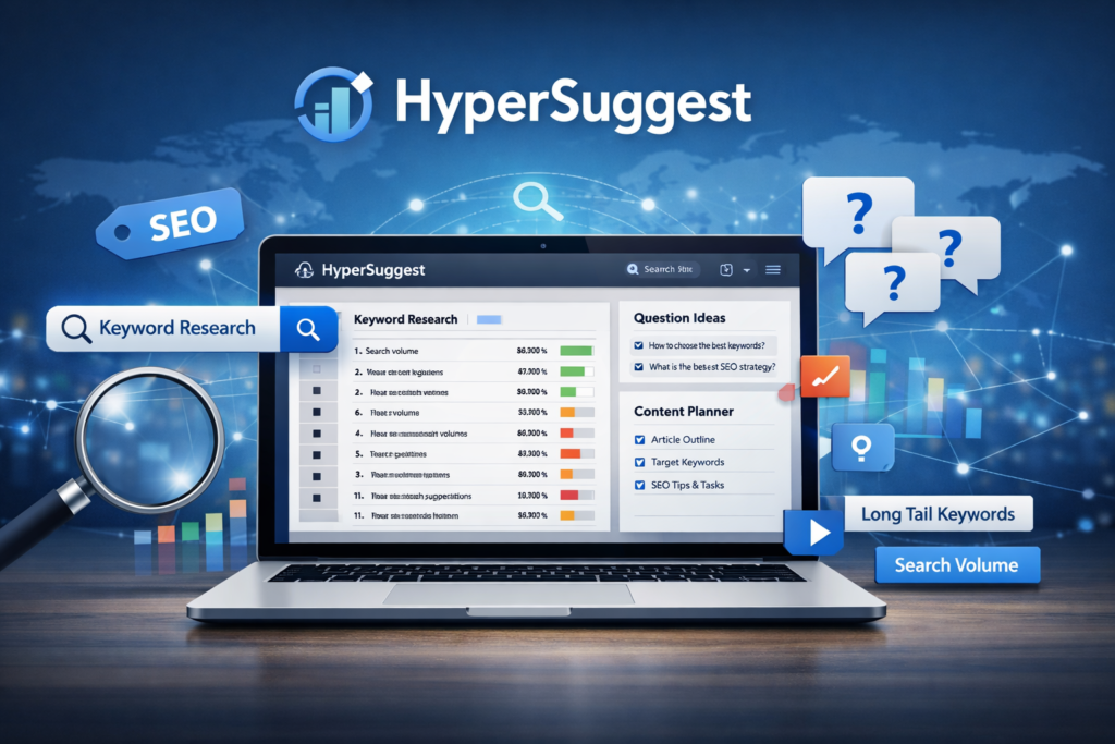 HyperSuggest keyword research dashboard and SEO content planning concept
