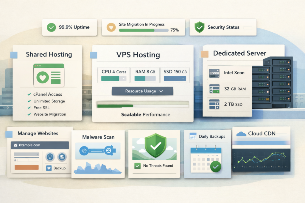 InterServer hosting overview showing shared hosting, VPS, and dedicated server options in a clean modern interface
