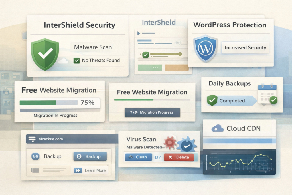 InterServer hosting features including security, migration, caching, backups, and WordPress protection
