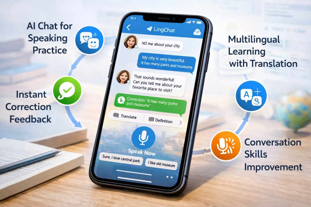LingChat features for AI and real-person language practice
