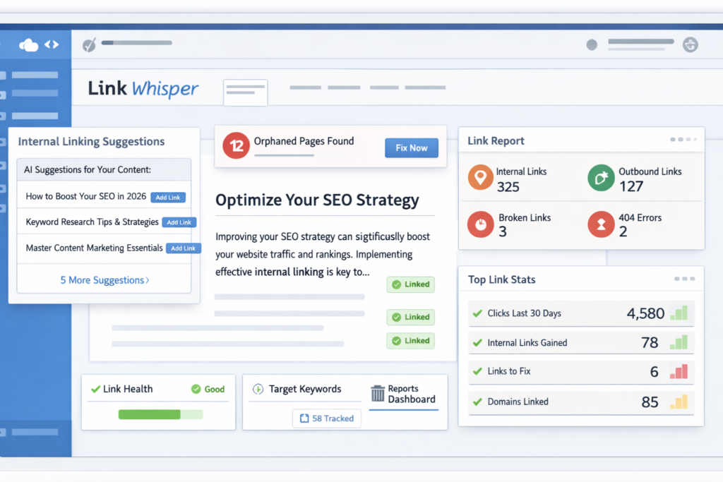Link Whisper WordPress internal linking dashboard with smart link suggestions, link reports, and SEO workflow panels