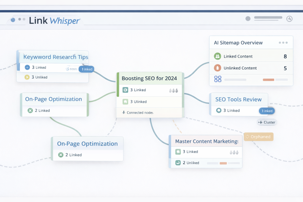 Link Whisper AI sitemap visualization showing related posts, linked pages, and unlinked content clusters for WordPress SEO