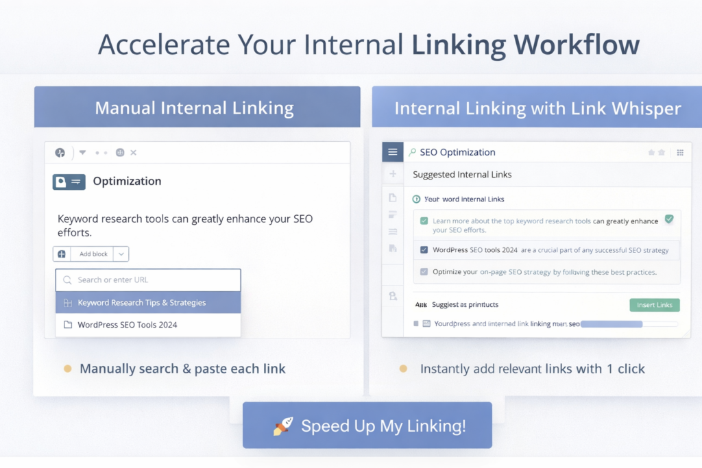 Blogger workflow using Link Whisper to connect new articles with old content, improve topic clusters, and strengthen WordPress SEO