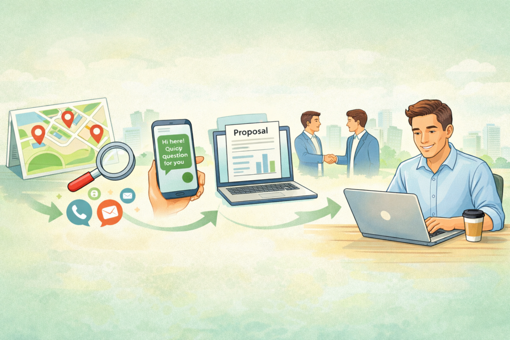 Beginner local lead generation workflow showing prospecting outreach proposals and first client steps
