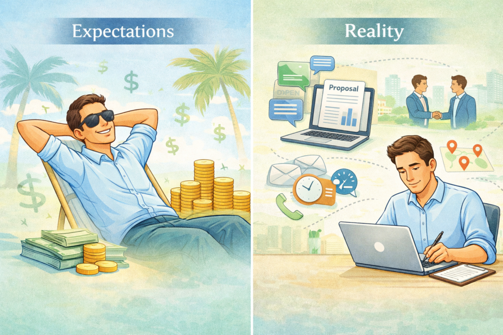 Local lead generation business model illustration for beginners comparing expectations and real action steps
