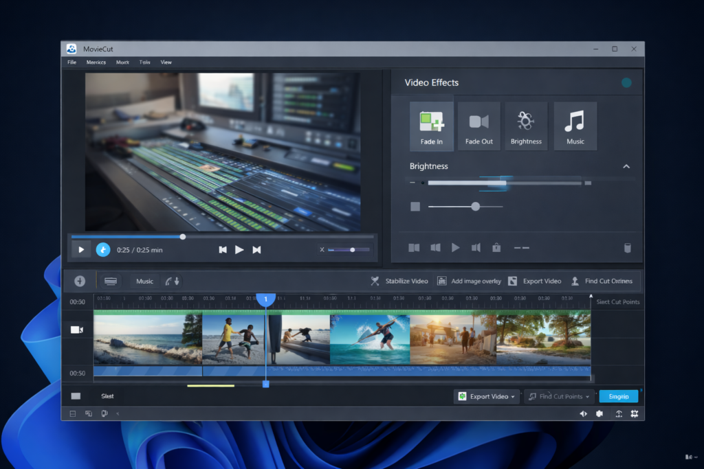 MovieCut editing tools for trimming videos and applying simple effects
