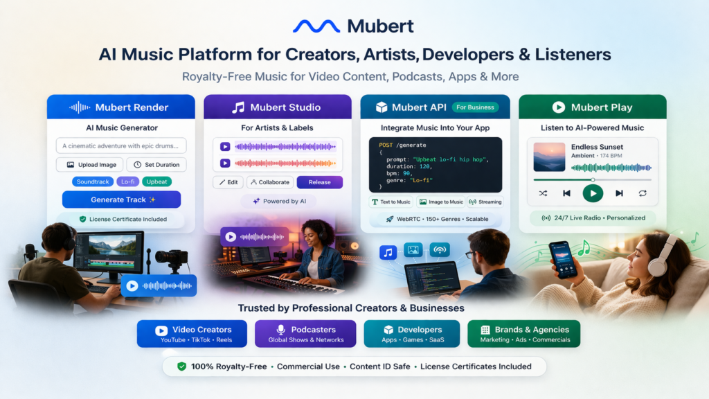 Mubert AI music platform homepage style visual showing Render, Studio, API, and Play for creators, artists, developers, and listeners