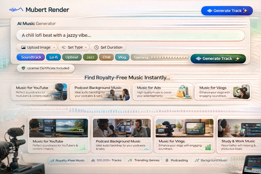 Mubert Render interface showing AI music generation workflow with prompt input, image upload, track type, duration, and creator-focused music categories