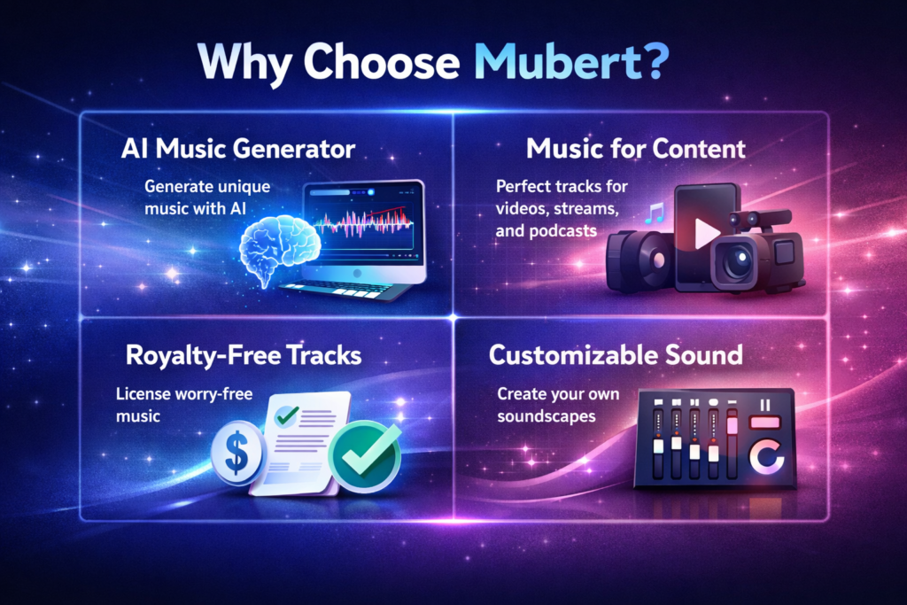 Mubert API dashboard visual showing AI music generation for apps with text, image, BPM, genre inputs, curated music library, and developer integration workflow