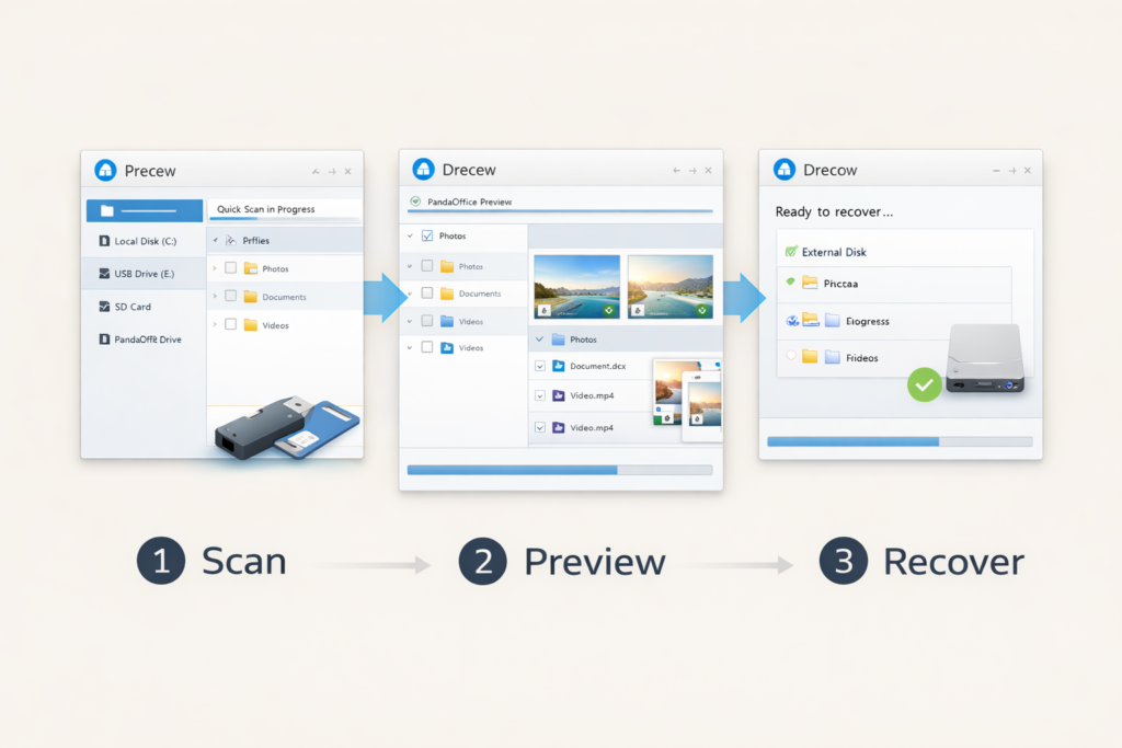 PandaOffice Drecov scan preview and recover workflow
