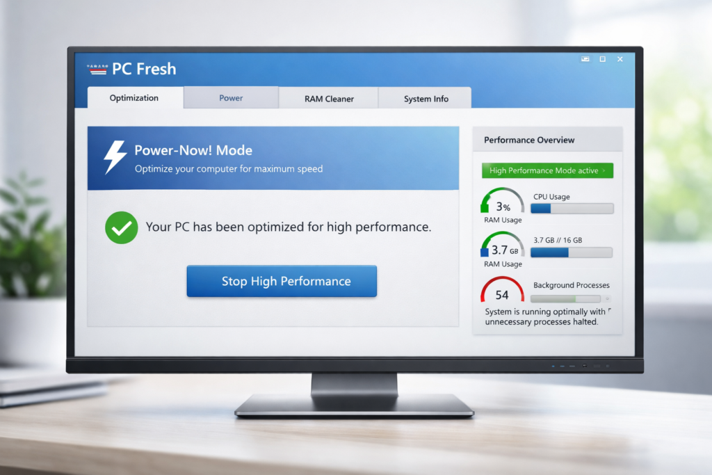 Abelssoft PC Fresh Power-Now mode performance optimization screen

