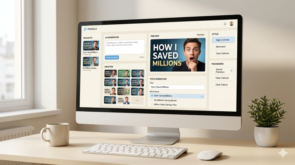 Pikzels thumbnail workflow with prompt recreate analyze edit and title tools
