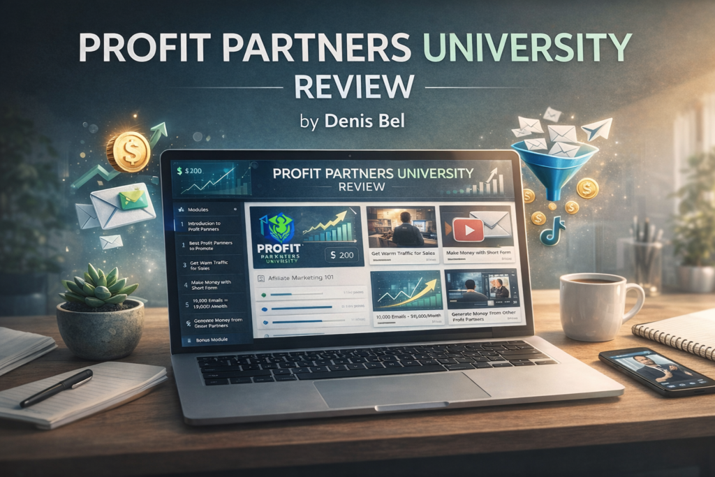 Profit Partners University review header image showing an affiliate marketing video course dashboard
