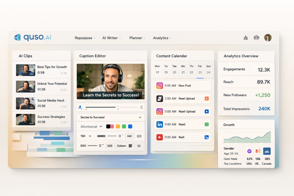 Quso AI dashboard showing AI clips captions scheduling and analytics

