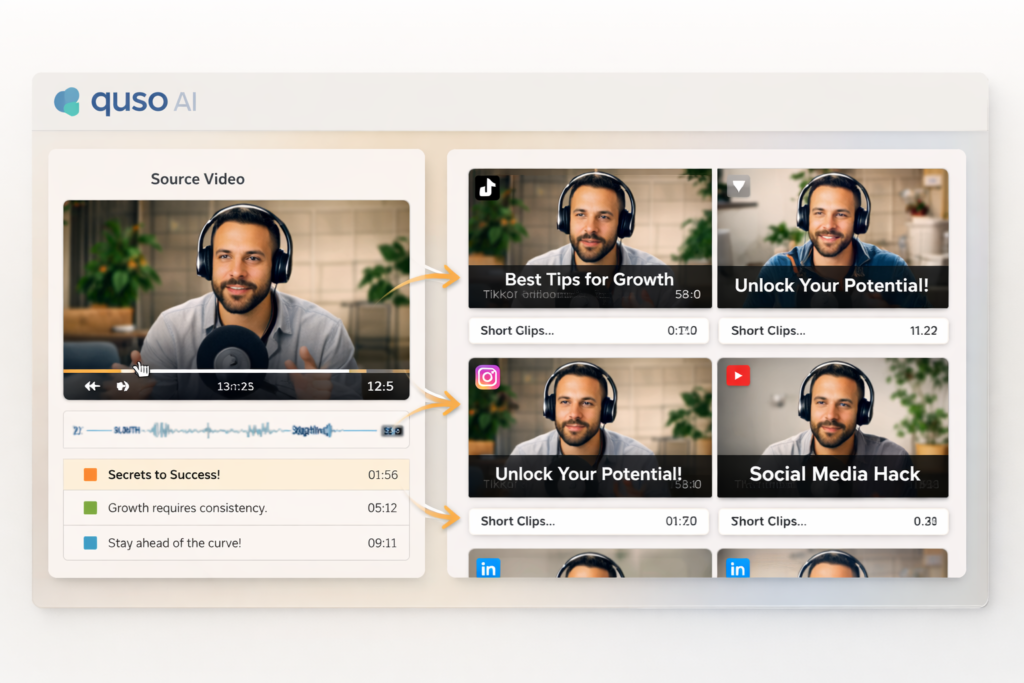 Quso AI repurposing a long video into multiple short social media clips
