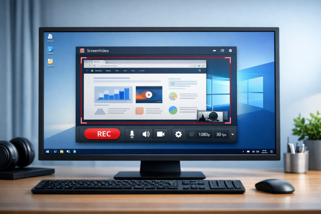 ScreenVideo interface on a Windows desktop for screen recording tutorials
