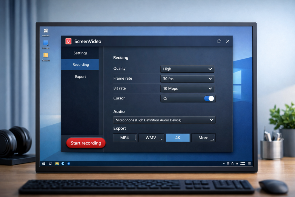ScreenVideo settings and export options on Windows
