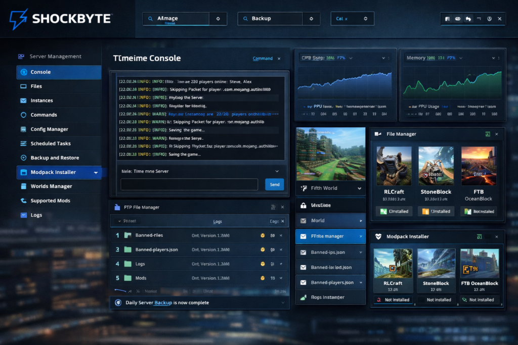 Shockbyte control panel for managing a Minecraft server with console, files, and modpack tools
