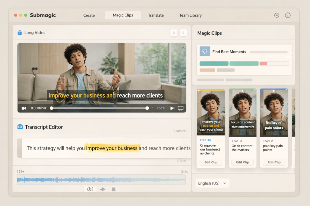 Submagic Magic Clips interface turning one long video into multiple short vertical clips
