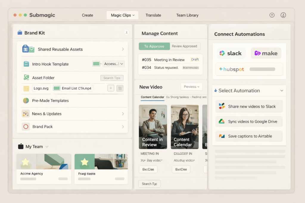 Submagic team workflow with brand kit, shared assets, and automation integrations
