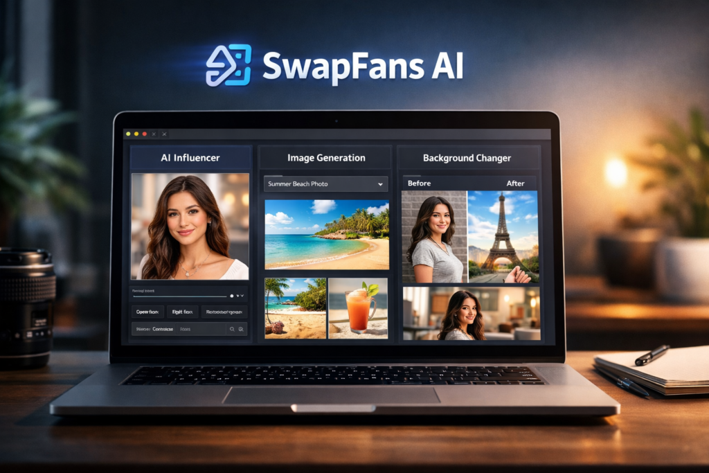SwapFans AI platform hero image showing AI influencer creation, image generation, and smart background editing
