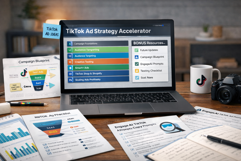 TikTok Ad Strategy Accelerator course modules and bonus resources concept image
