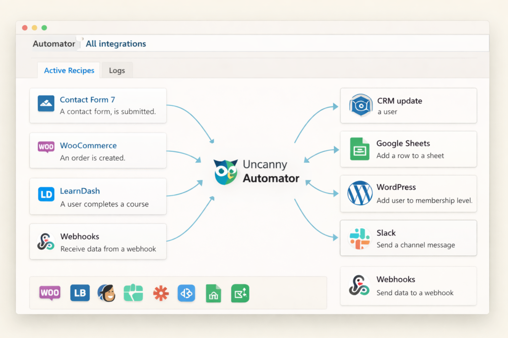 Uncanny Automator integrations overview with WordPress plugins, external apps, webhooks, and automation connections in a structured dashboard