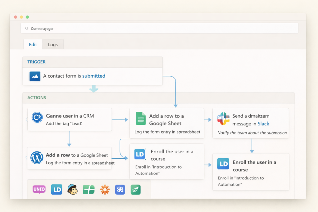 Uncanny Automator workflow connecting form submission, WooCommerce purchase, CRM tagging, spreadsheet logging, and team notifications