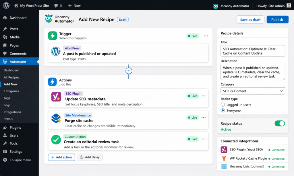 Uncanny Automator setup interface with SEO automation recipe connecting WordPress content updates to metadata and cache actions