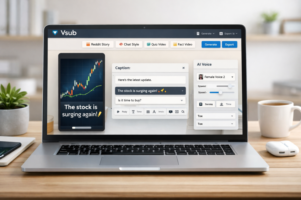 Vsub dashboard for creating faceless AI shorts and short-form videos
