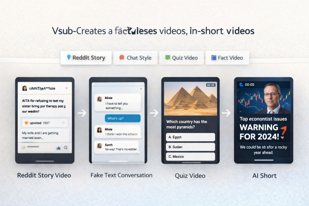 Vsub use cases including Reddit story videos fake text videos quiz videos and AI shorts
