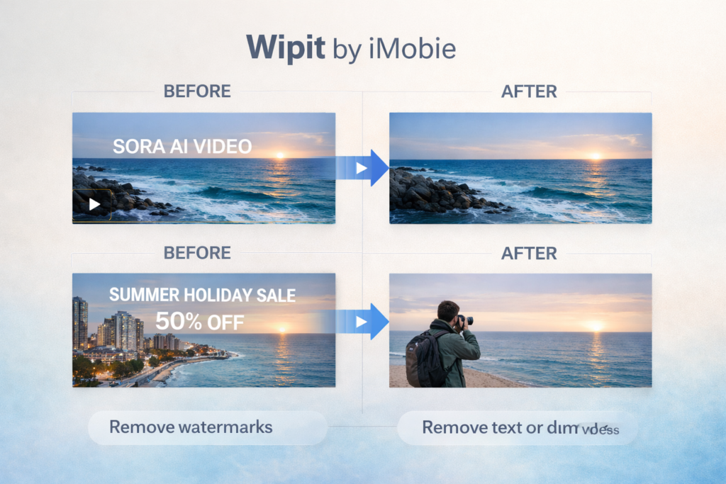 Before and after examples of Wipit removing text watermarks and unwanted objects
