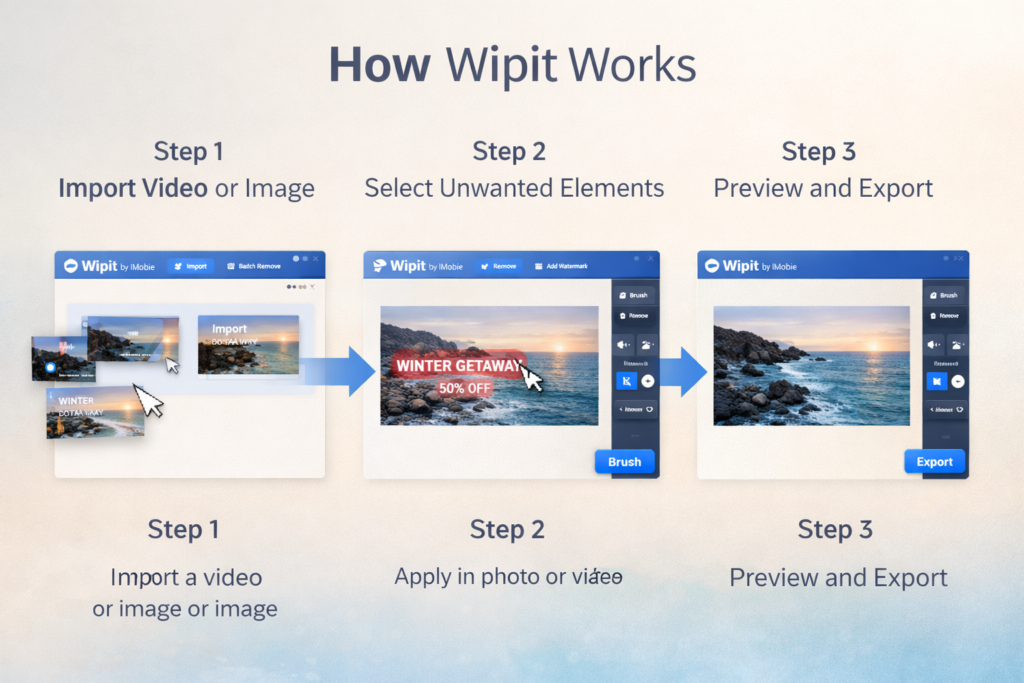 Three-step Wipit workflow for uploading selecting and removing unwanted elements