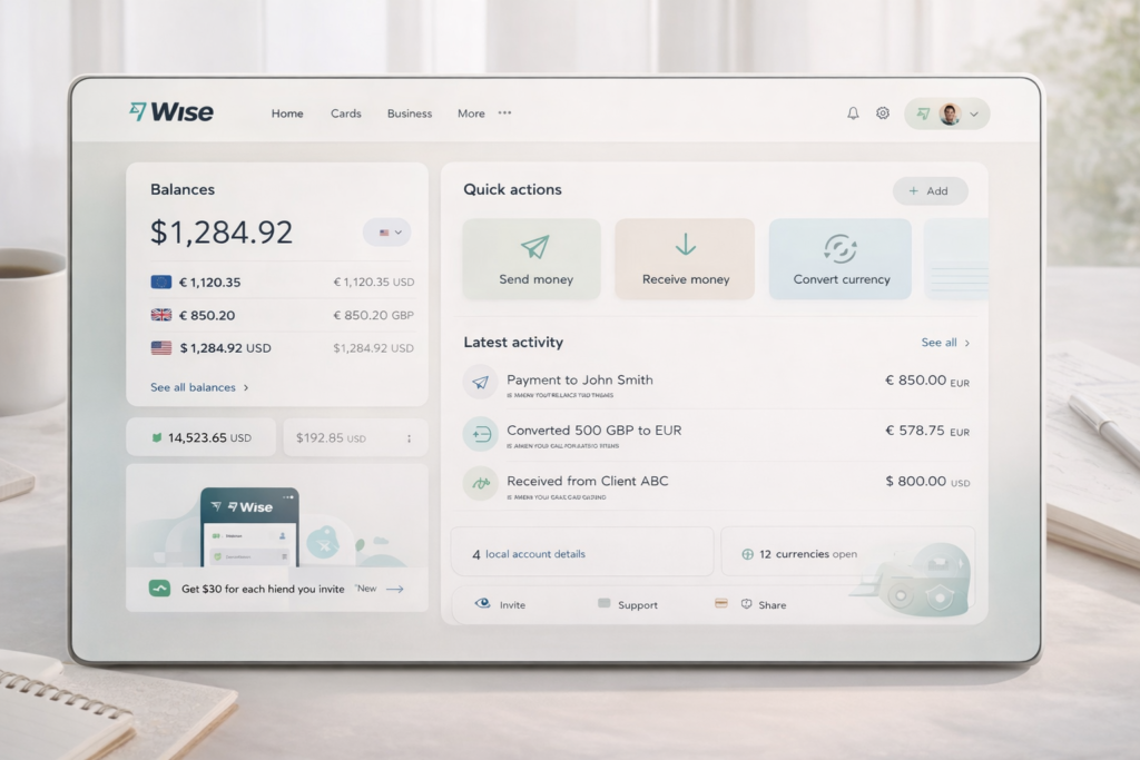 Wise multi-currency account dashboard for international transfers and balances
