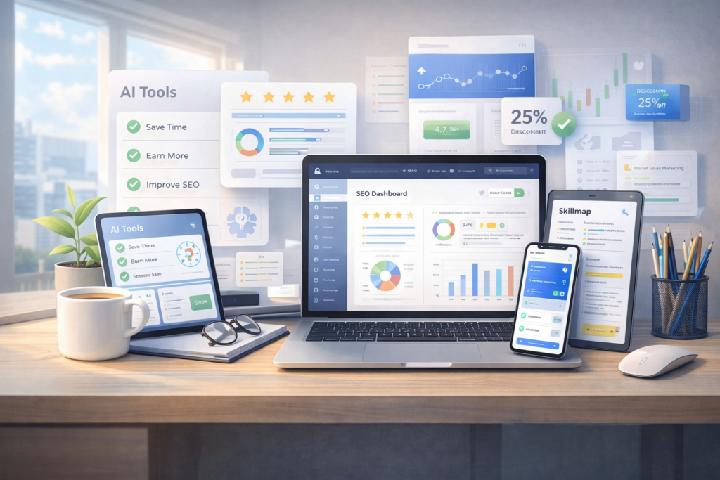 Digital workspace illustration with laptop, tablet, smartphone, AI tools, SEO dashboard, and finance app on a modern desk.