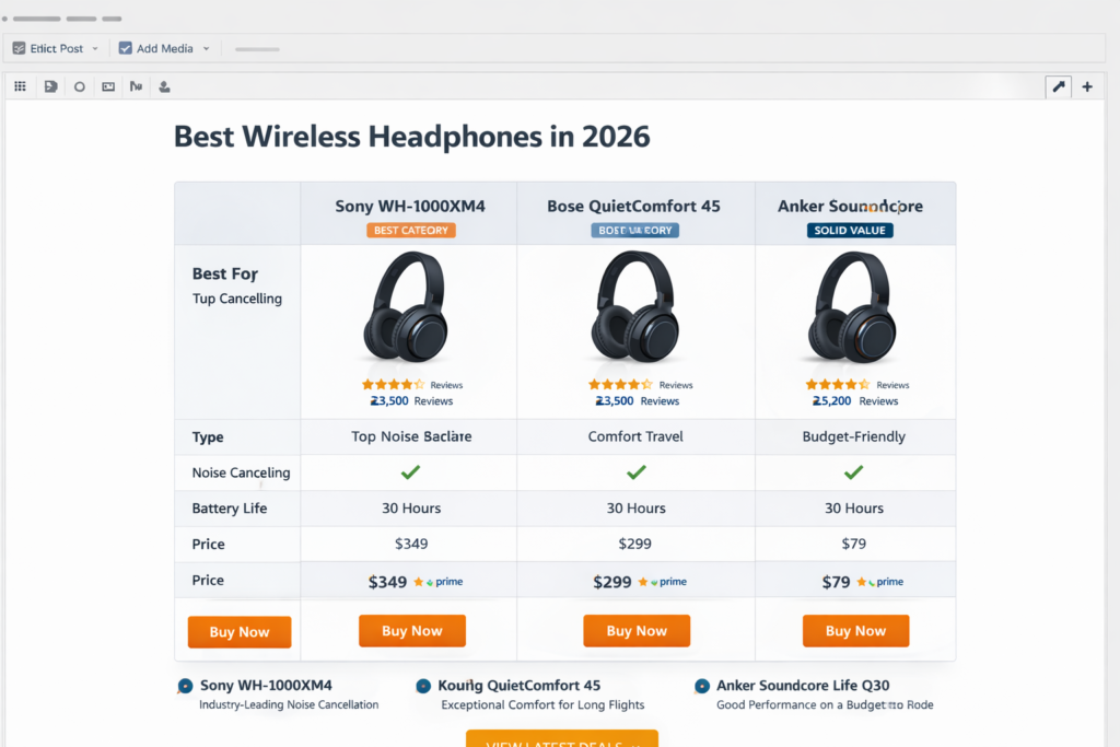 A clean AAWP-style WordPress affiliate dashboard showing Amazon product boxes, comparison modules, and structured product content tools

