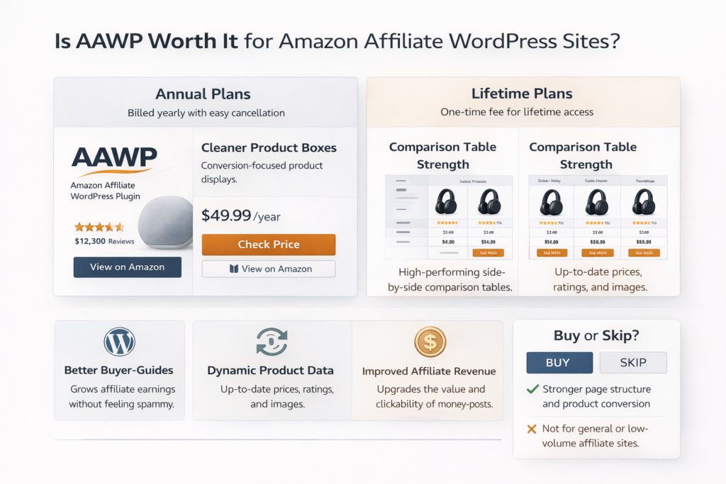 A polished AAWP-style final verdict dashboard summarizing product boxes, comparison tools, WordPress integration, and affiliate publishing value
