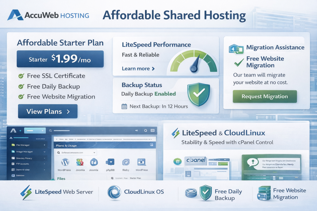 AccuWeb Hosting shared web hosting dashboard with budget pricing, LiteSpeed performance, daily backups, migration support, and cPanel management
