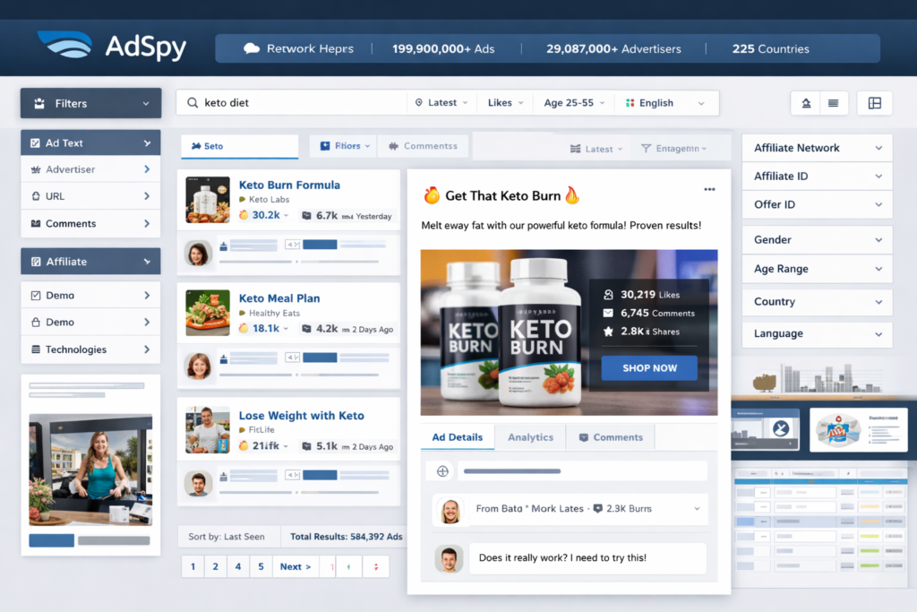 AdSpy-inspired Facebook and Instagram ad research dashboard showing searchable ad database, advanced filters, and competitor research workflow
