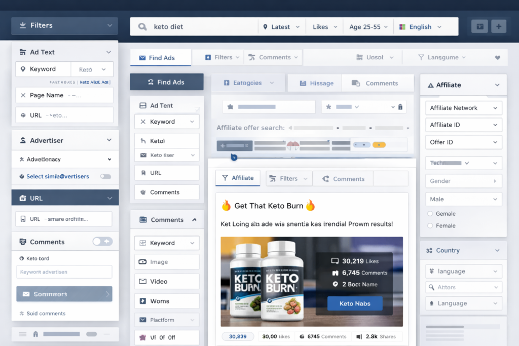 AdSpy-inspired advanced search interface showing filters for ad text, comments, demographics, affiliate details, and media type
