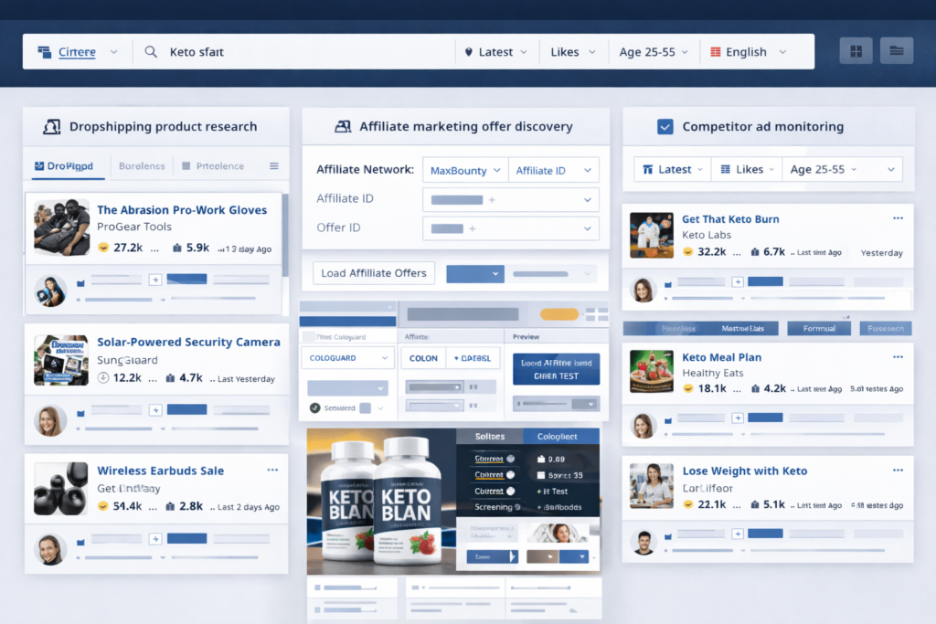 AdSpy-inspired multi-use research dashboard showing dropshipping product research, affiliate offer discovery, and competitor ad monitoring
