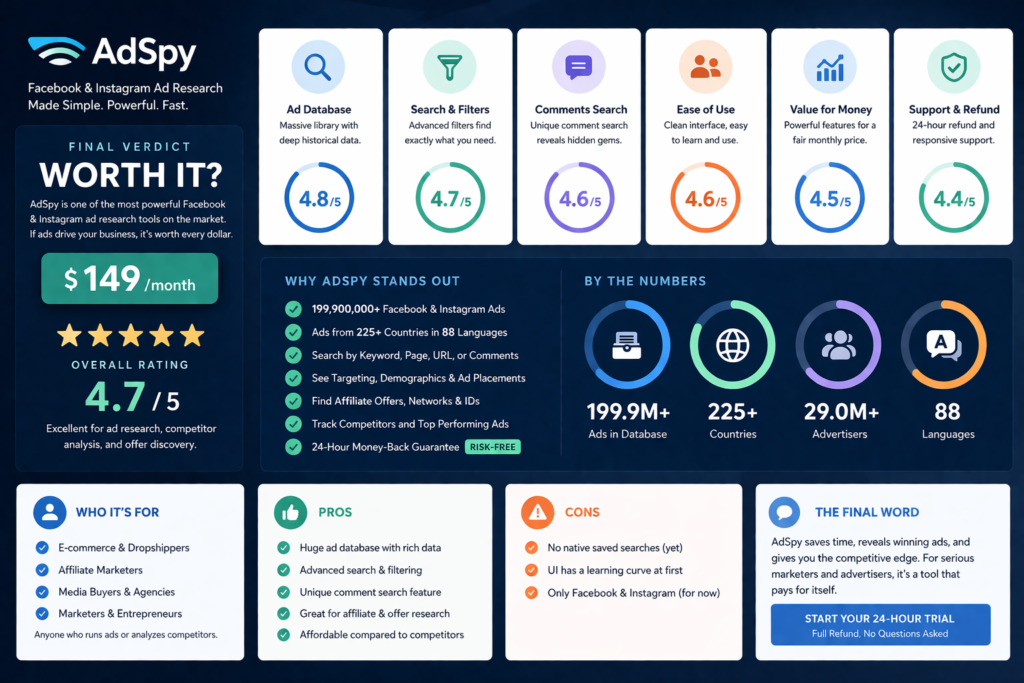 AdSpy-inspired final verdict dashboard summarizing ad database scale, advanced filters, research value, and decision-ready insights
