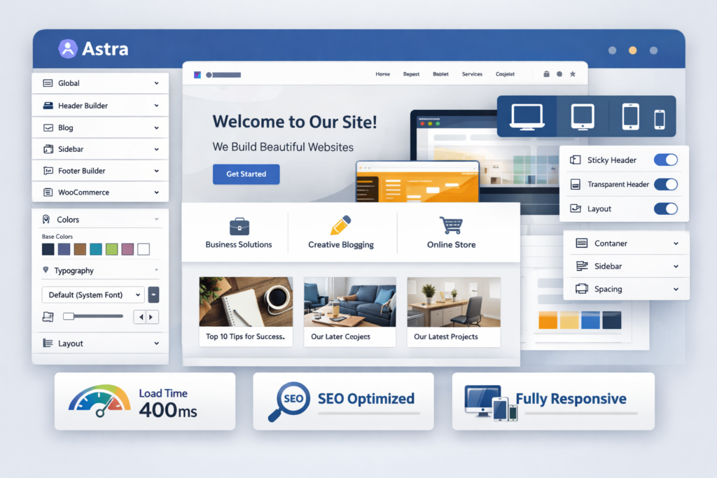 Astra WordPress theme dashboard and website building interface
